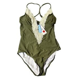 Cupshe Swimsuit Womens M Green Lace Plunge One Piece Swimsuit‎ NEW